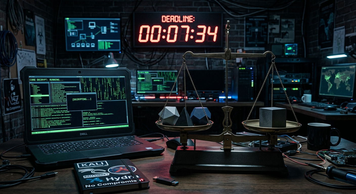 A hacker's laptop with four unlabeled geometric model tokens on a balance scale, a countdown clock in the background